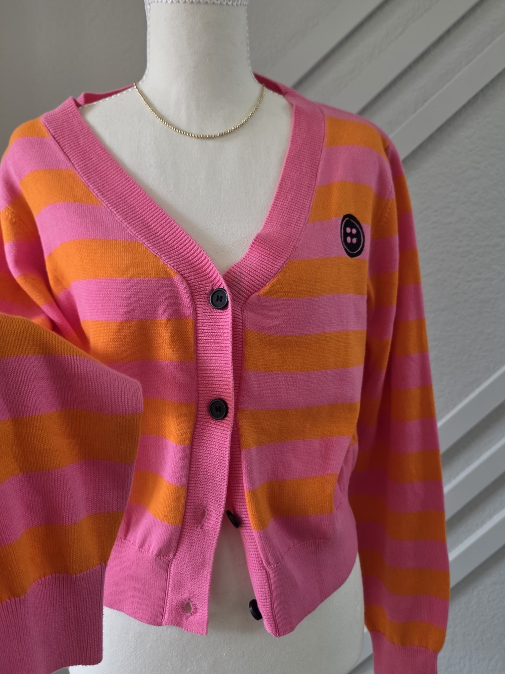 Women's Striped Knit Sweater with Doll Patch - Pink & Orange - Picture 2 of 10